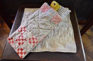 Vintage Calico Doll’s Bedding Dolls Quilt With Ticking Mattress And Pillow photo