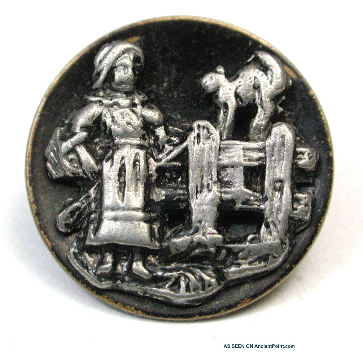 Antique Brass & Pewter Button Young Girl And Cat On A Fence Design Buttons photo
