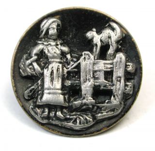 Antique Brass & Pewter Button Young Girl And Cat On A Fence Design photo