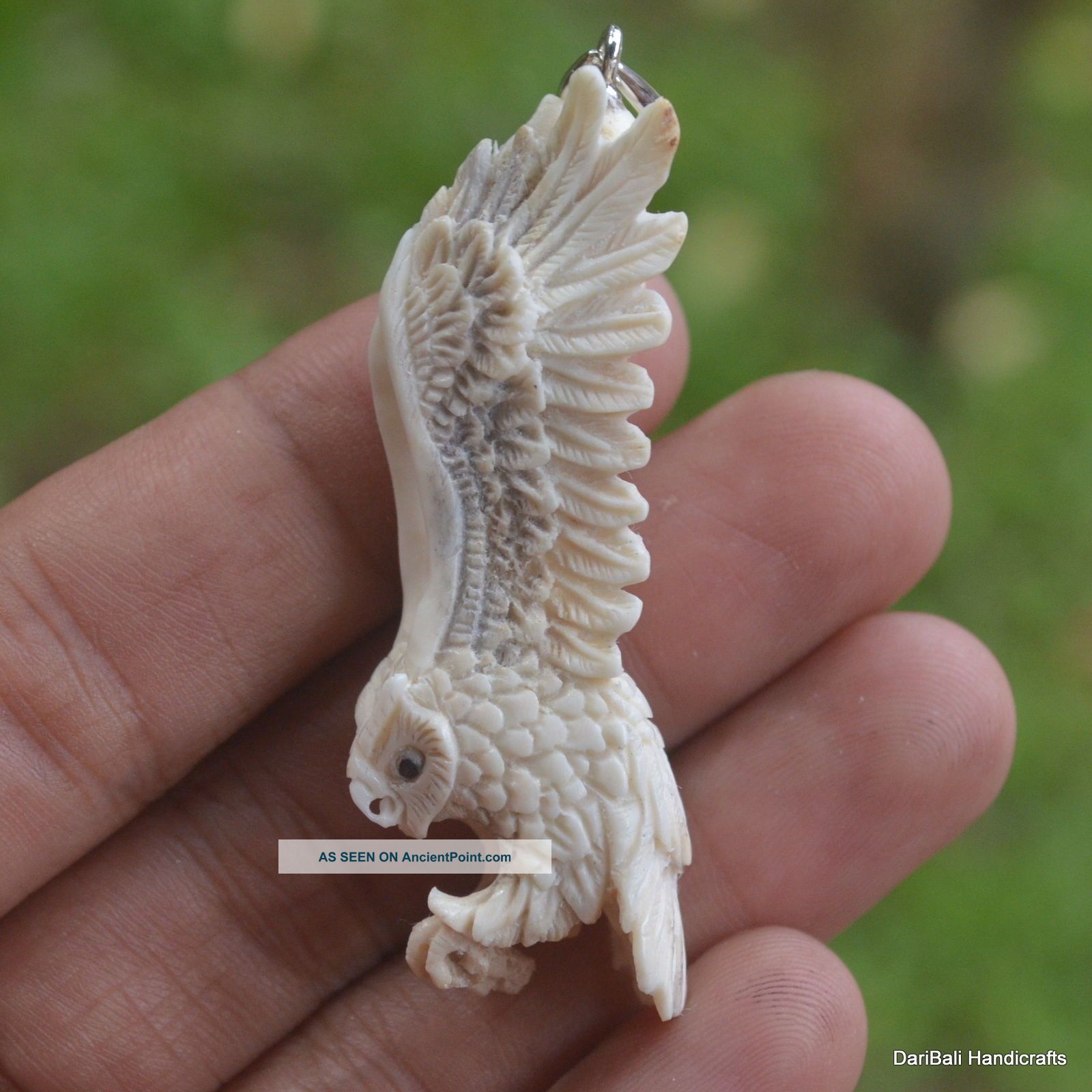 Owl Carved 57mm Height Pendant Pa672 W/ Silver In Antler Hand Carving Necklaces & Pendants photo