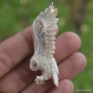 Owl Carved 57mm Height Pendant Pa672 W/ Silver In Antler Hand Carving photo