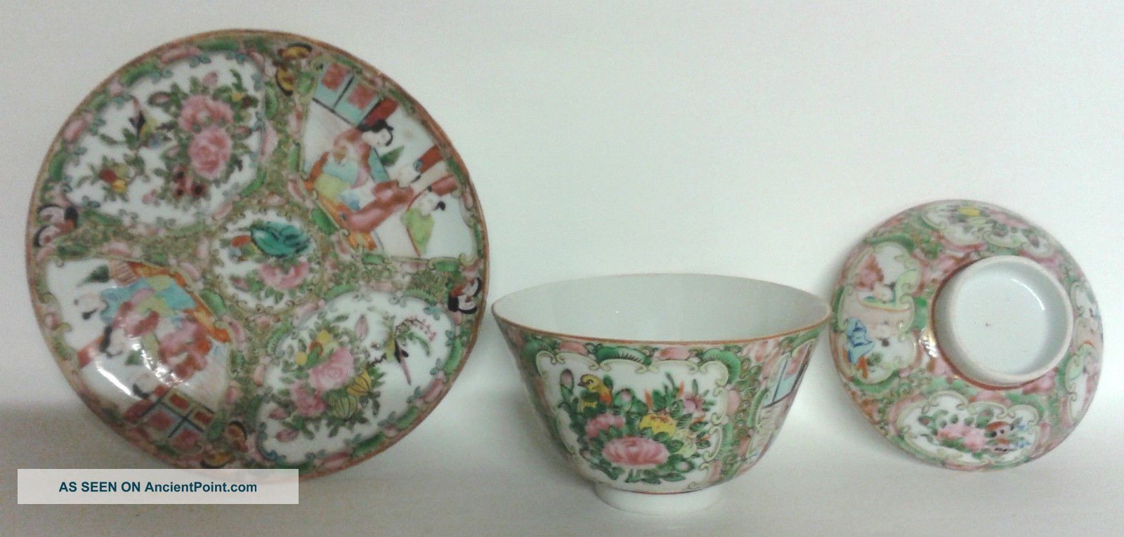 A 19th Century Chinese Canton Porcelain Tea/rice Cup/bowl,  Saucer/plate And Lid Porcelain photo