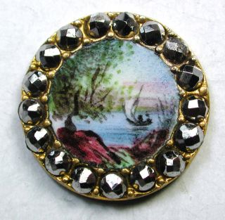 Antique French Enamel Button Boat On A Lake Pictorial Design W/ Cut Steel Border photo