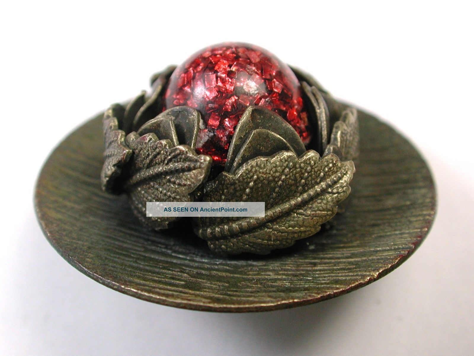 Antique Button Red W/ Silver Flecks Glass Jewel In Brass Flower Setting Buttons photo