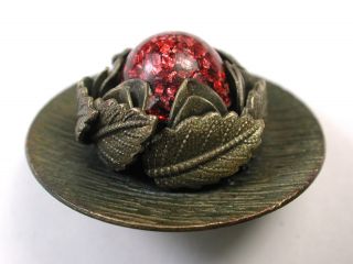 Antique Button Red W/ Silver Flecks Glass Jewel In Brass Flower Setting photo