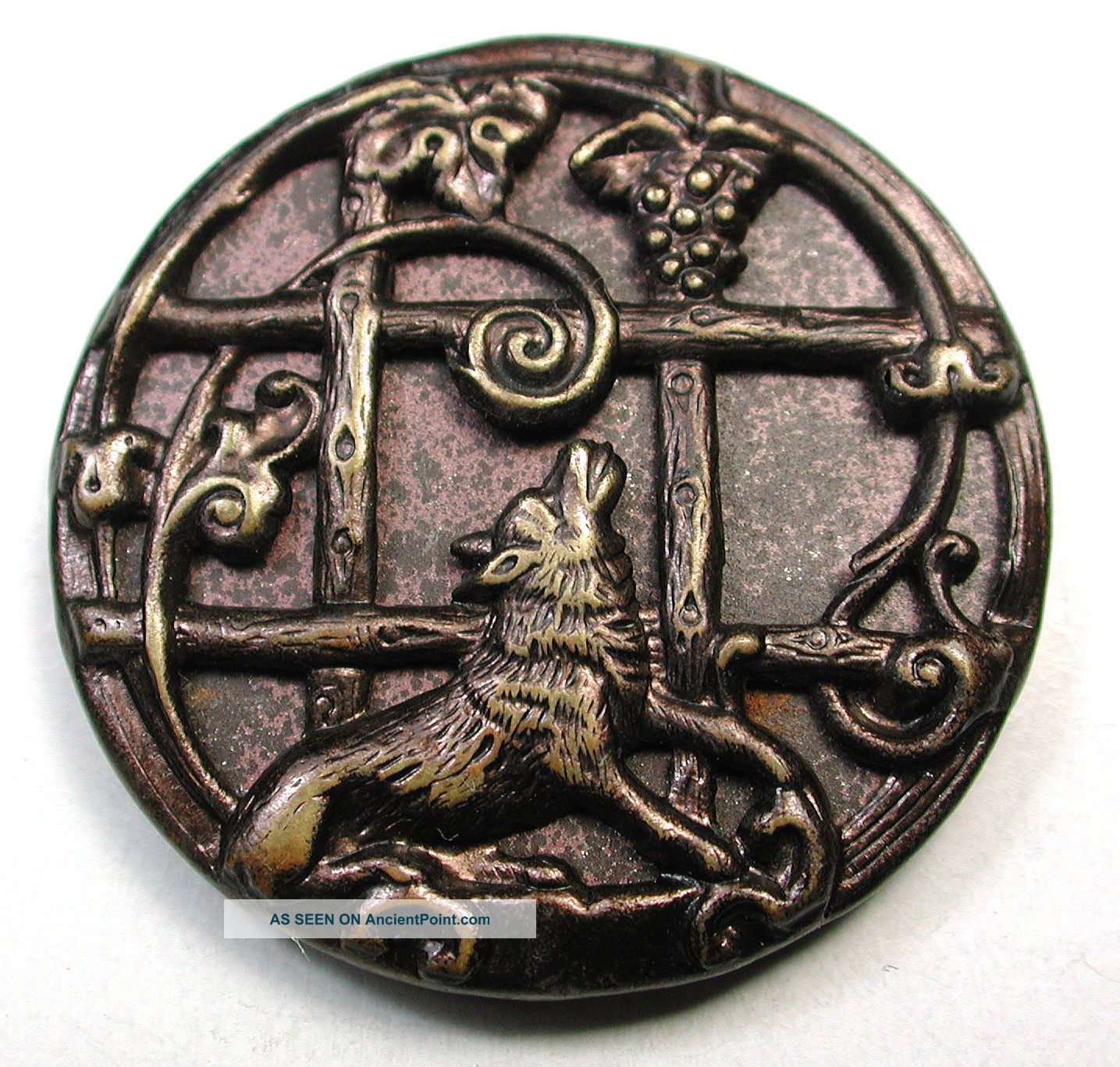 Lg Sz Antique Brass Button Tinted Fox & Grapes Fable Design Buttons photo