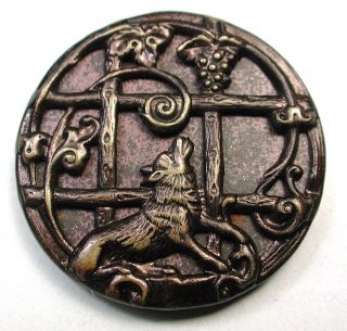 Lg Sz Antique Brass Button Tinted Fox & Grapes Fable Design photo