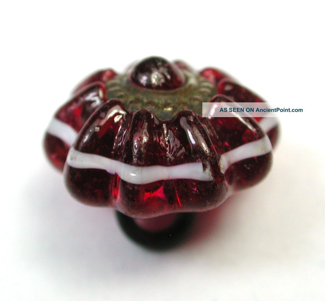 Antique Charmstring Button Cranberry W Ome Brass Ring & White Band Accent Sw Bk Buttons photo