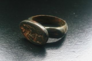 Old Greek Bronze Seal Ring Features Angel Holding A Snake & Triangle photo