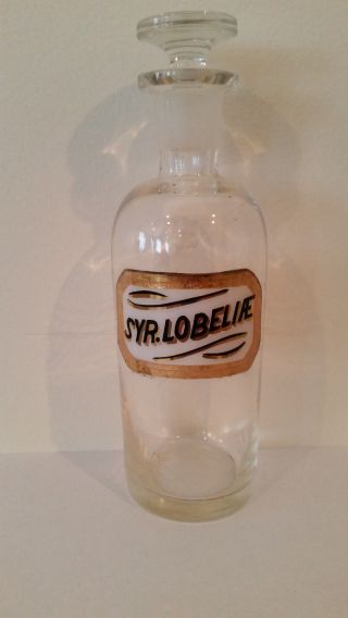 Antique Round Apothecary Bottle Label Reads Syr.  Lobeliae. photo