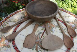 Rustic Vintage Antique Primitive Wooden Bowl W/ (4) Wooden Spoons & (2) Paddles photo