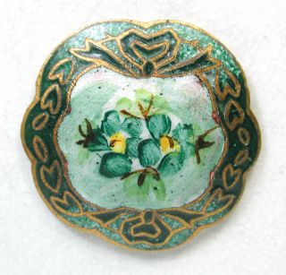 Antique French Enamel Button Hand Painted Floral Design In Green Colors photo
