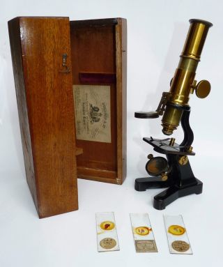 A Lovely Quality Brass Dollond & Co Microscope With Case,  3 Old Slides C1880 photo