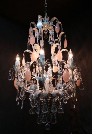Lg Vintage Italian Tole/crystal Chandelier W Pink Rock Crystal Prisms - 7 Lights photo