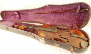 Antique Violin With Bow & Case - For Restoration,  Parts,  Display photo