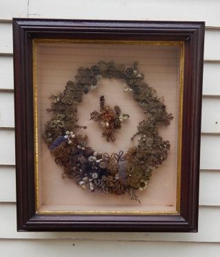 Antique Victorian Mourning Hair Wreath In Shadow Box photo