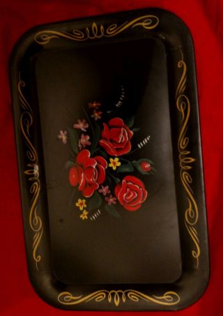 Vintage Tole Toleware Tray Black Floral Painted - 9  X 14 photo