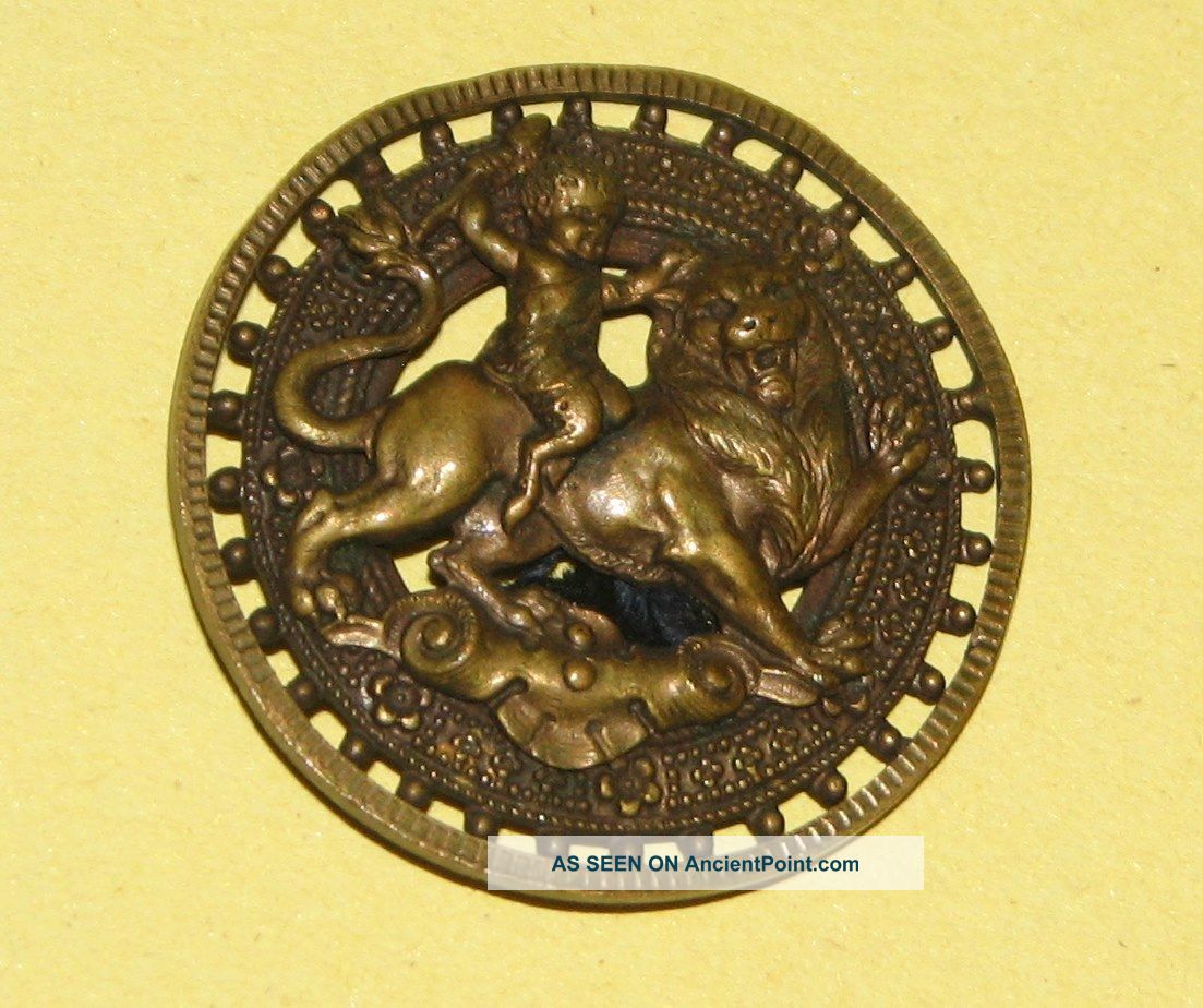 Antique Cherub Child Riding Lion,  1 - 5/8 - Inch Brass Button Buttons photo