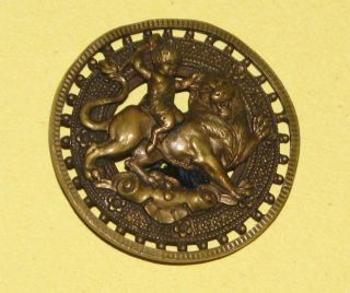 Antique Cherub Child Riding Lion,  1 - 5/8 - Inch Brass Button photo