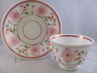 Antique 19thc Handleless Cup & Saucer Pink Luster Lusterware Flower Leaf Border photo