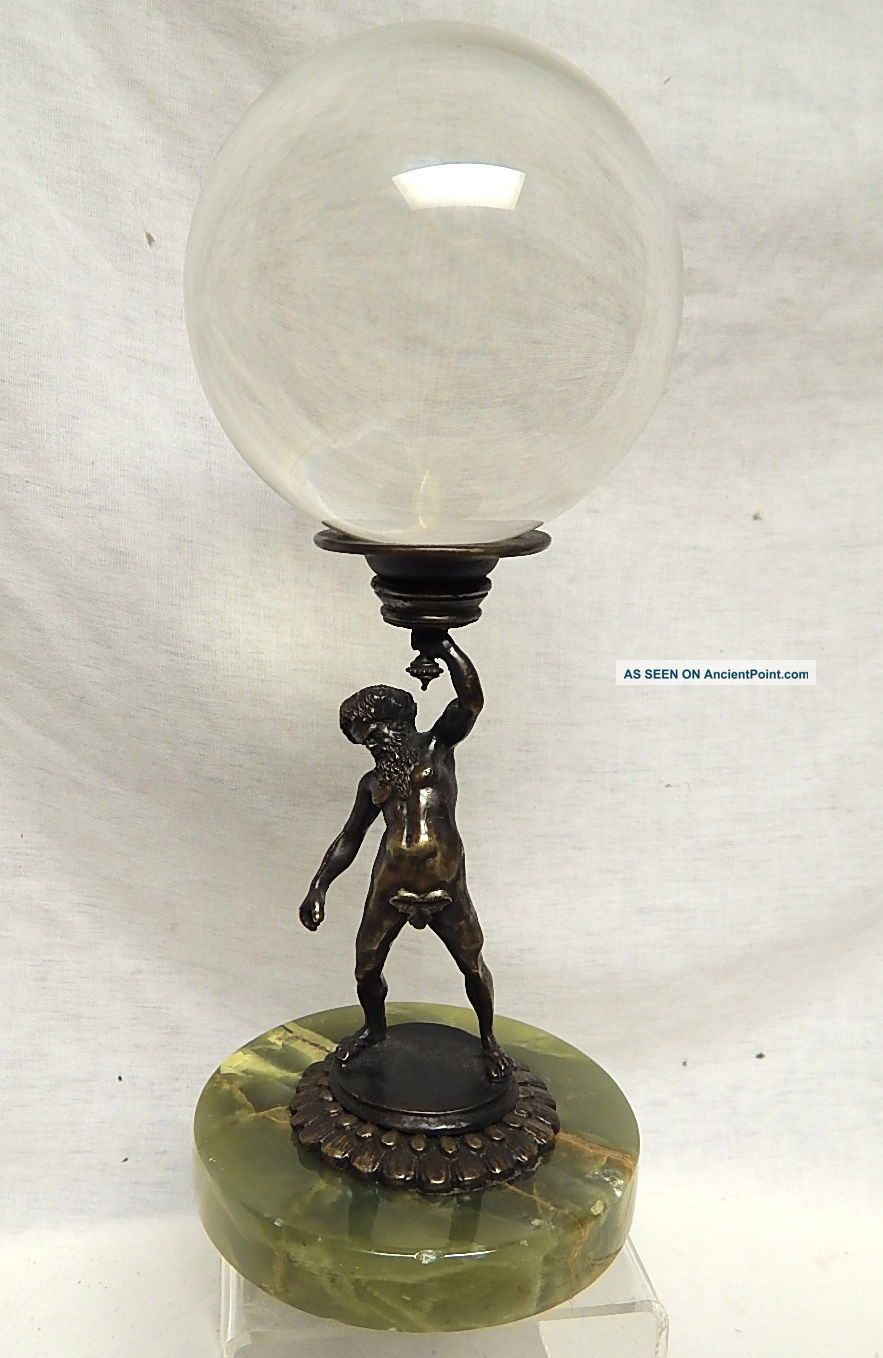 Antique Art Nouveau Bronze Sculpture Atlas Holding Crystal Glass Ball Marble Metalware photo