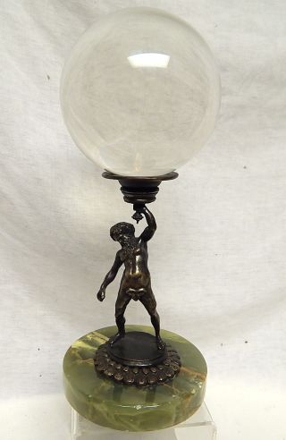 Antique Art Nouveau Bronze Sculpture Atlas Holding Crystal Glass Ball Marble photo