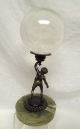 Antique Art Nouveau Bronze Sculpture Atlas Holding Crystal Glass Ball Marble Metalware photo 2