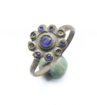 Old Antique Medieval Bronze Finger Ring With Colored Blue Glass Inlay (jne35) photo