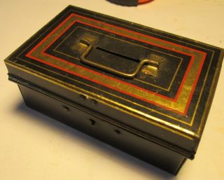Antique Tin Metal Locking Bank Cash Box Register Safetole Paint Primitive Decor photo