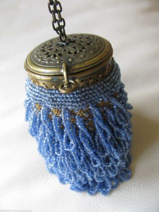 Antique Victorian Art Nouveau Gold Filigree Frame Crochet Aqua Blue Bead Purse photo