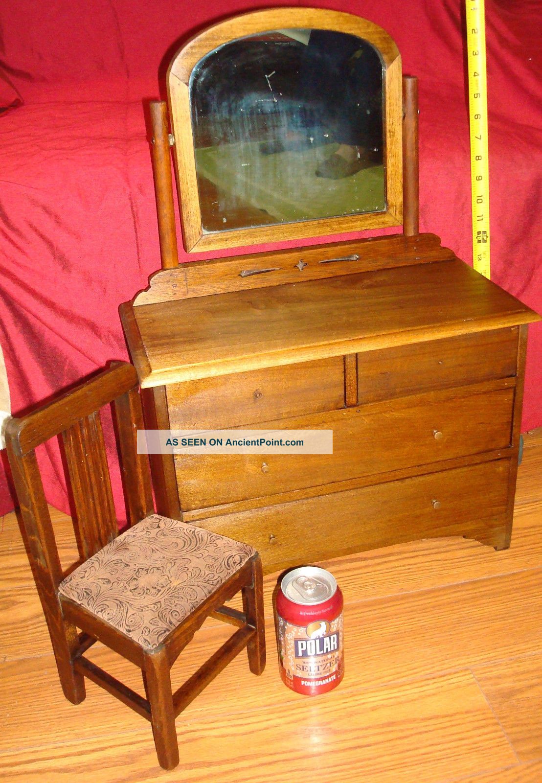 Antique Salesman Sample Walnut Dresser W/mirror And Chair Child Size Vintage 1800-1899 photo