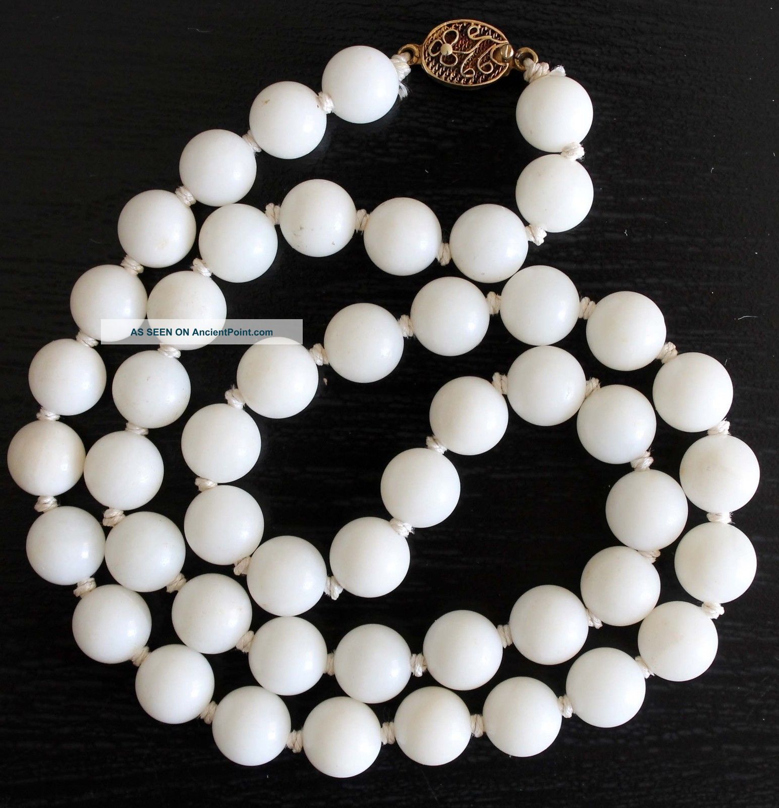 Chinese White Jade Bead Necklace Hand Knotted Silver Clasp Necklaces & Pendants photo