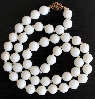 Chinese White Jade Bead Necklace Hand Knotted Silver Clasp photo