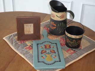 Primitive Folk Art Decor - Assorted Goodies - Tin Pitcher&pail,  Bread Board,  Stitchery photo