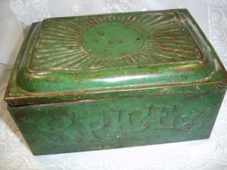 Primitive Green Paint Tin Toleware 6 Cannisters Spice Box,  With Spices photo