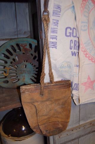 Antique Americana Equestrian Primitive Leather & Rope Feed Bag Sack photo