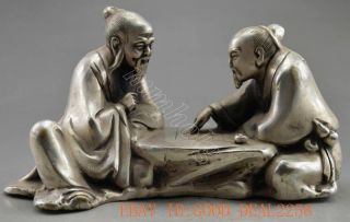 Collectible Decorated Old Handwork Tibet Silver Carve Elder Play Chess Statue photo