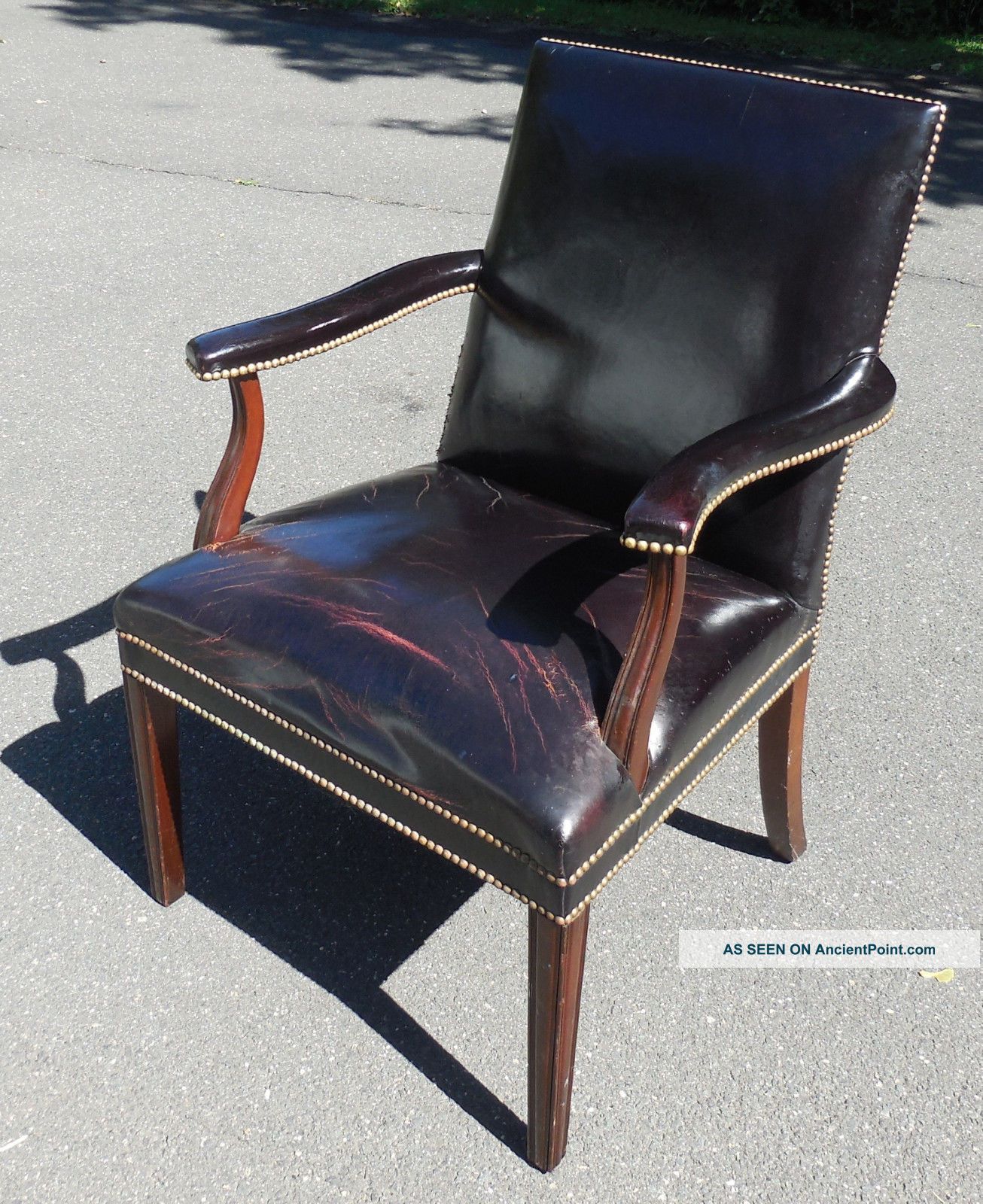 Antique Black Leather Reeded Mahogany Neo Classical Arm Chair 1900-1950 photo