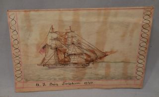 1850 Pen Ink Ship Drawing U.  S.  Brig Dolphin 4 1/2 