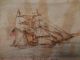 1850 Pen Ink Ship Drawing U.  S.  Brig Dolphin 4 1/2 