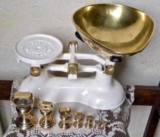 Vintage English Cream Boots Kitchen Balance Scales 7 Brass Bell Weights photo