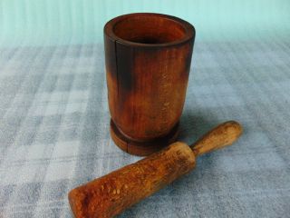 Primitive Old Wooden Carved Mortar And Pestle photo