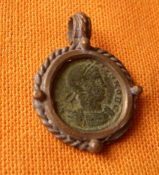 A538.  Roman Style Bronze Pendant With Authentic Roman Bronze Coin. photo