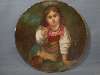 19thc Antique Victorian Girl & Strawberry Papier Mache Plate Portrait Painting photo