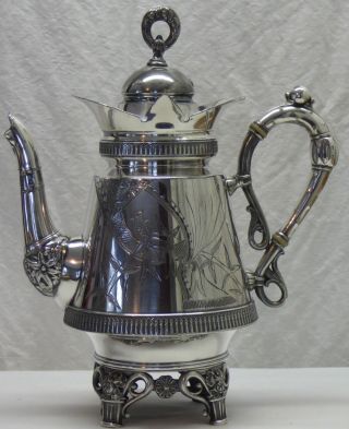 Antique Victorian Aesthetic Derby Silver Plated Coffee Pot Bird Bamboo Floral photo