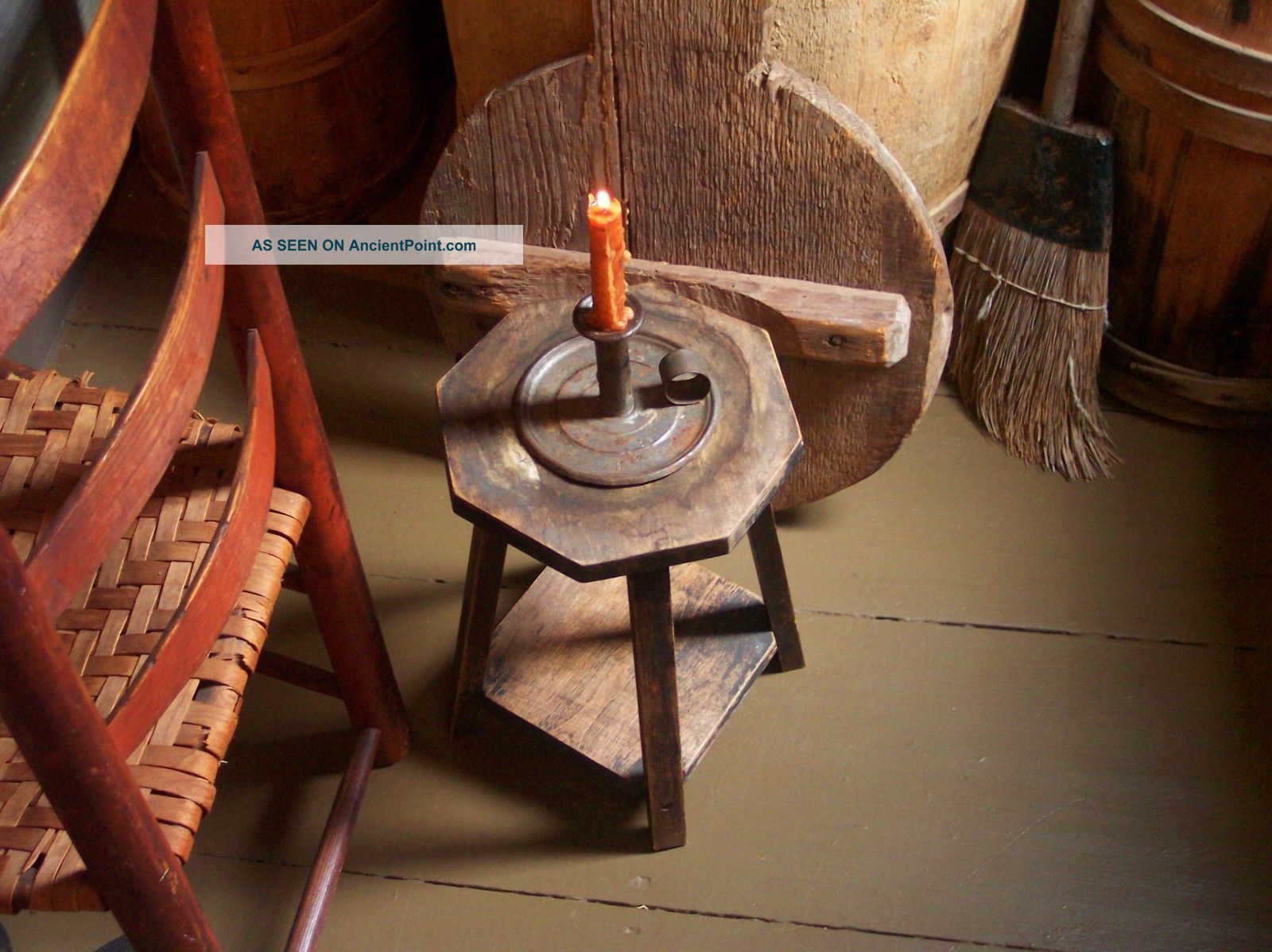 Primitive Old Wood Candle Riser Stand Table W/early Tin Candle Holder Primitives photo