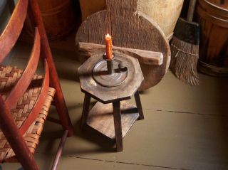 Primitive Old Wood Candle Riser Stand Table W/early Tin Candle Holder photo