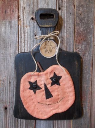 Prim Handmade Halloween Decoration - Jack - O - Lantern On Vintage Wood Cutting Board photo
