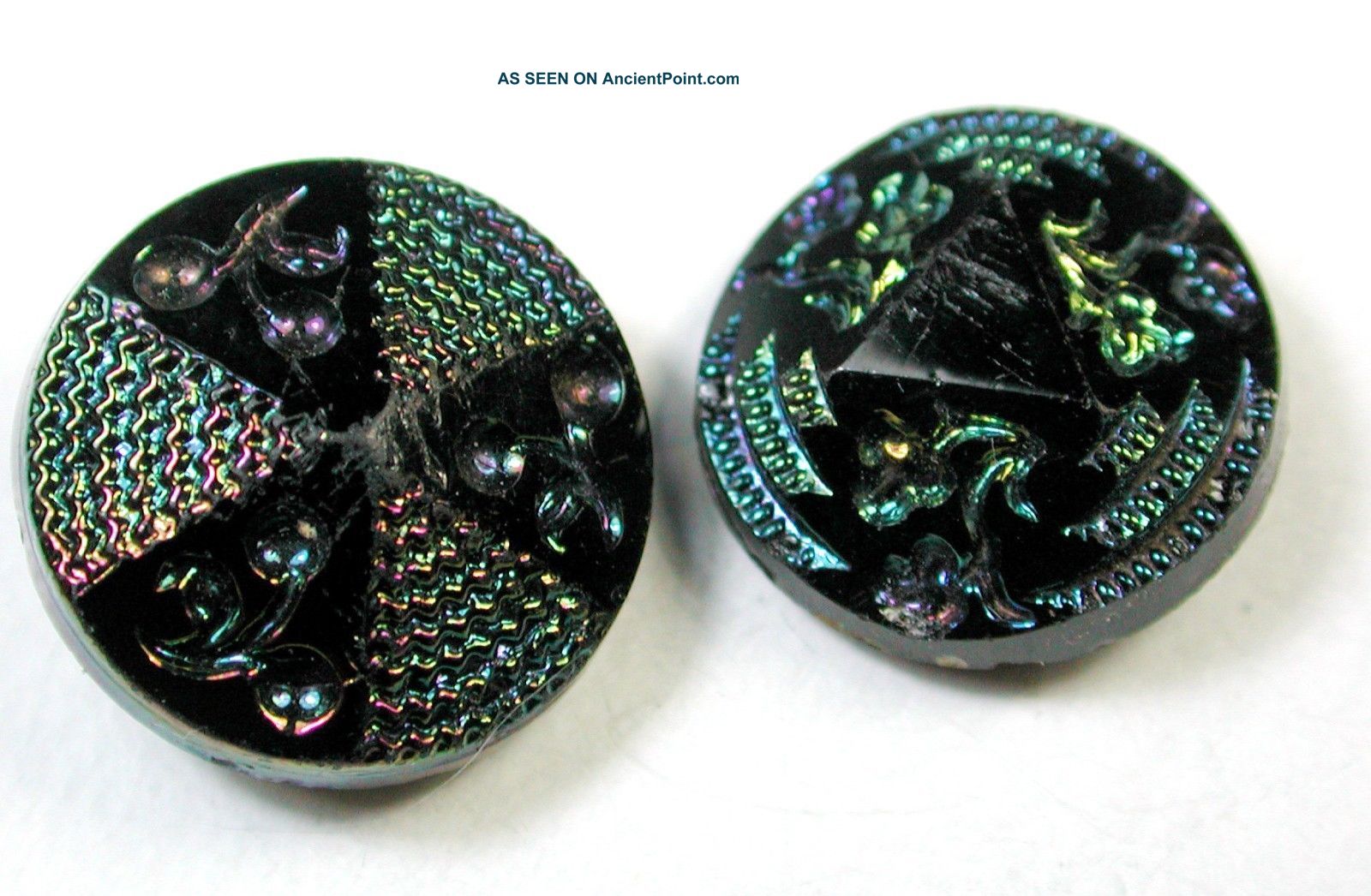 2 Antique Black Glass Buttons Designs In Triplicate W/ Carnival Luster Buttons photo