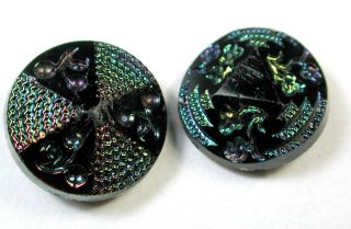 2 Antique Black Glass Buttons Designs In Triplicate W/ Carnival Luster photo